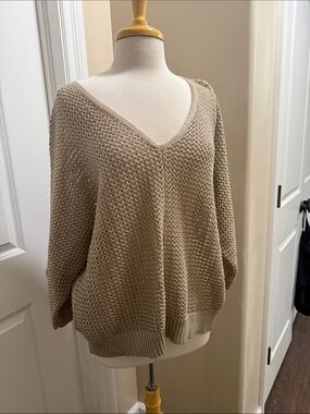 Chico's gold shimmer Taupe V-Neck Open Knit Sweater